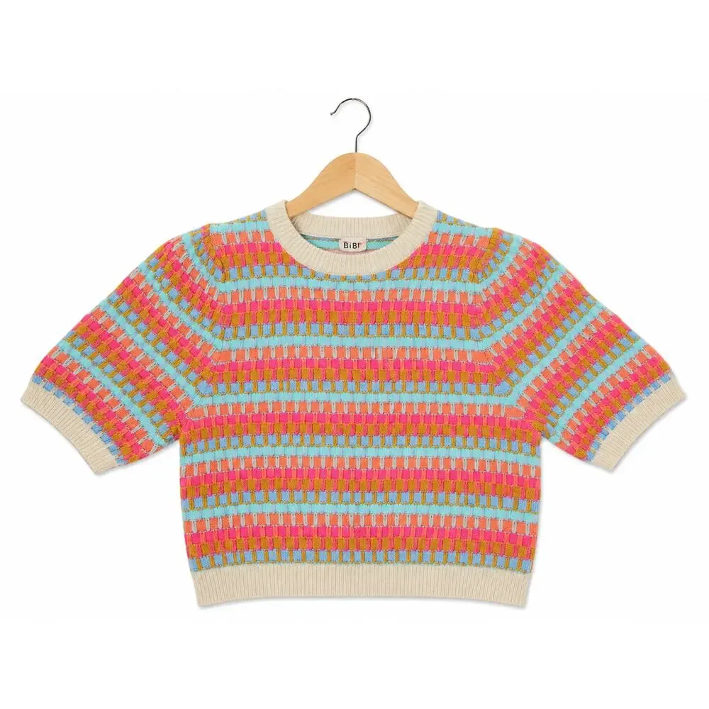 BiBi Abstract Striped Knit Short Sleeve Sweater Size Large